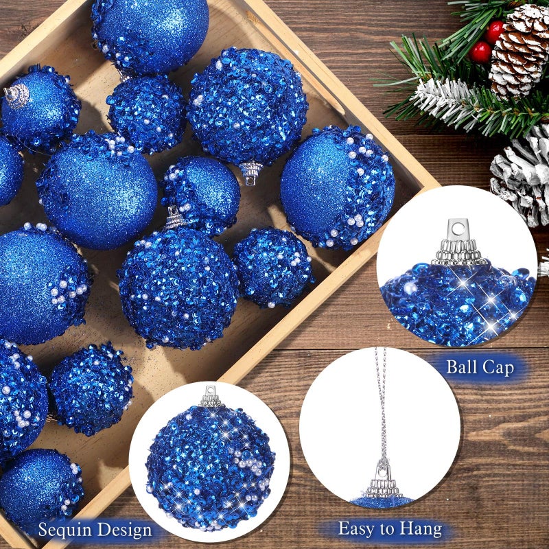 Poen 24 Pcs Glitter Christmas Ball Ornaments Set Christmas Tree Ornaments Hanging Sequin Foam Christmas Balls Decoration for Xmas Tree Wreath Garland Christmas Home Decor Wedding Party(Blue) - Image 3