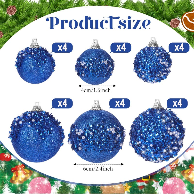 Poen 24 Pcs Glitter Christmas Ball Ornaments Set Christmas Tree Ornaments Hanging Sequin Foam Christmas Balls Decoration for Xmas Tree Wreath Garland Christmas Home Decor Wedding Party(Blue) - Image 2