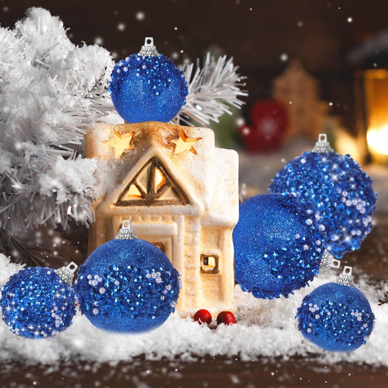 Poen 24 Pcs Glitter Christmas Ball Ornaments Set Christmas Tree Ornaments Hanging Sequin Foam Christmas Balls Decoration for Xmas Tree Wreath Garland Christmas Home Decor Wedding Party(Blue) - Image 5