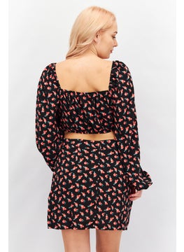 trendyol Women 2 Piece Square Neck Long Sleeves Floral Printed Crop Top And Mini Skirt, Red  - Image 3