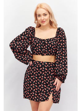 trendyol Women 2 Piece Square Neck Long Sleeves Floral Printed Crop Top And Mini Skirt, Red  - Image 1