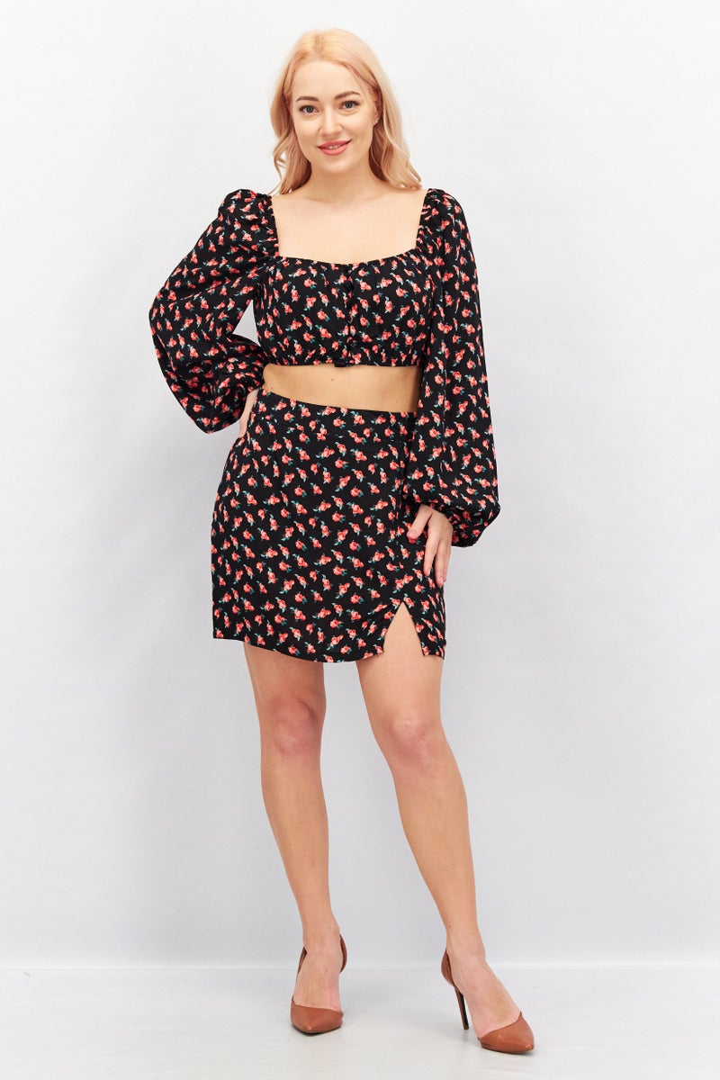 trendyol Women 2 Piece Square Neck Long Sleeves Floral Print Crop Top And Mini Skirt, Multicolor - Image 2