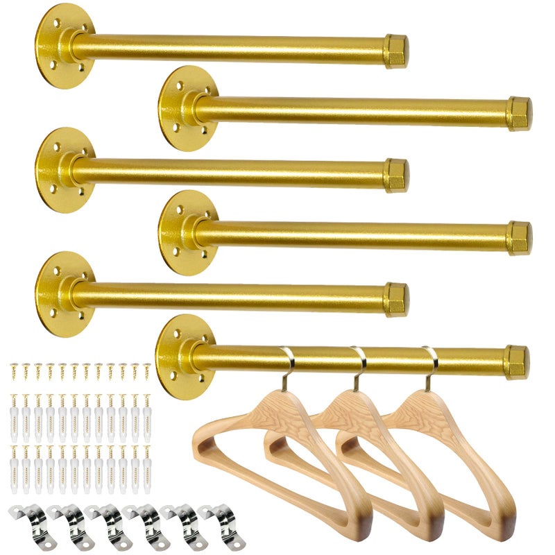 Pintuson 6 Pcs Industrial Pipe Clothes Bar 12 Inch - Wall Mount Clothing Rack - Face Out Closet Rods for Hanging Clothes Commercial Retail Boutique Laundry Shirt Display - Golden - Image 1