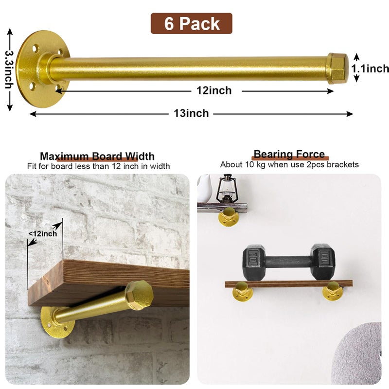Pintuson 6 Pcs Industrial Pipe Clothes Bar 12 Inch - Wall Mount Clothing Rack - Face Out Closet Rods for Hanging Clothes Commercial Retail Boutique Laundry Shirt Display - Golden - Image 2