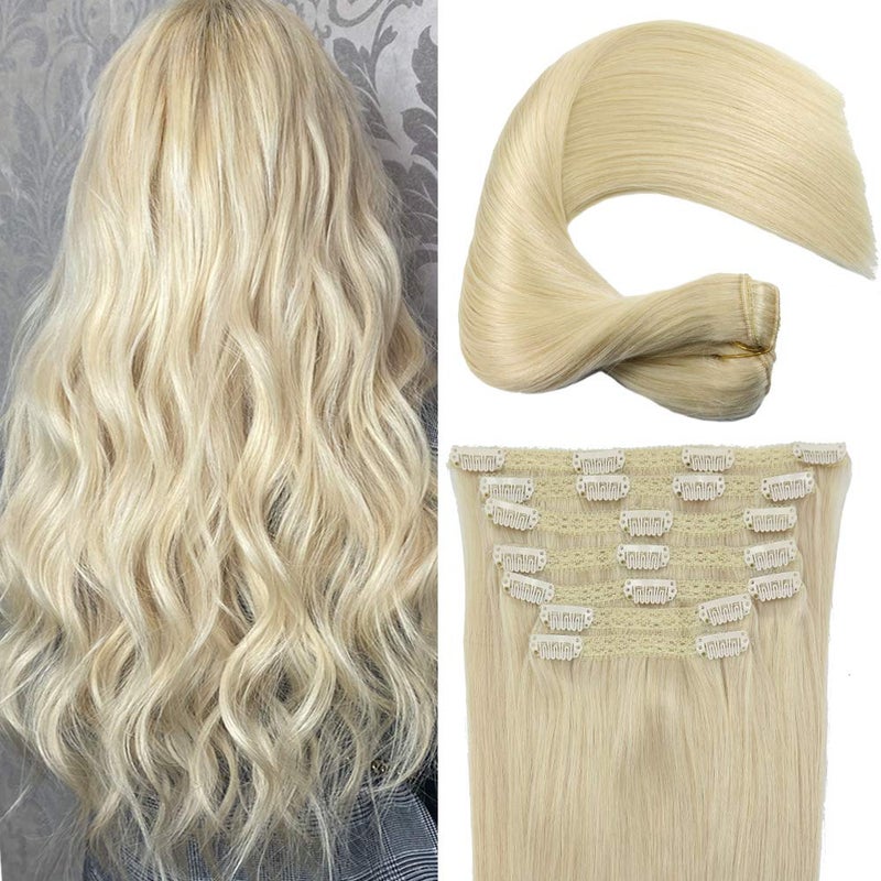 Eufficco Real Human Remy Hair Lace Clip In Hair Extensions 18inch Finsih at 185inch 120g Color Bleach Blonde Double Wefted Thick Ends Silky Soft Long Lifespan Tangle Free Human Hair Extensions