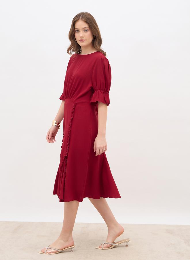 Styli Women Burgundy A-Line Midi Dress - Image 3