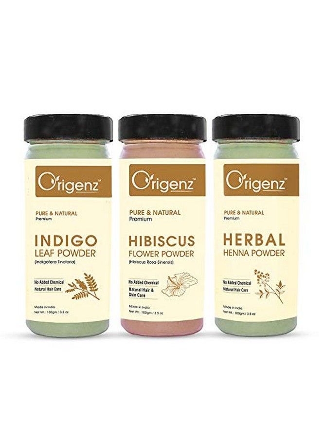 Origenz - Premium Hair Care Combo (Herbal Henna Powder 100gm + Indigo Powder 100gm + Hibiscus Powder 100gm) - Image 1