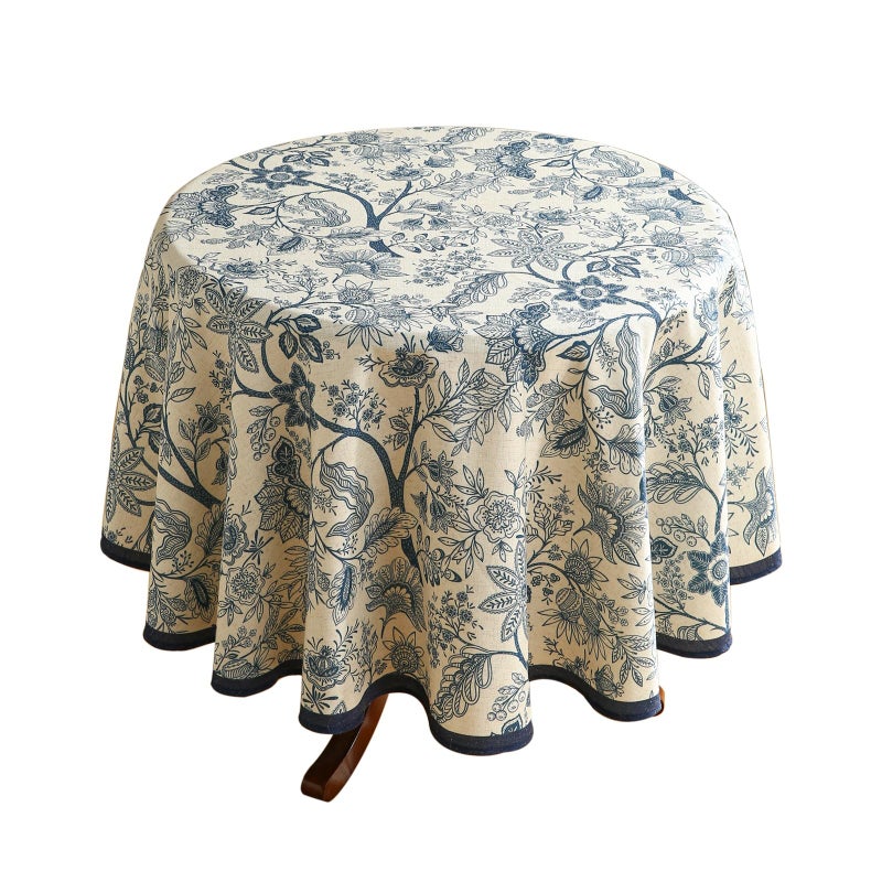ISAENNE Designer French Linen Small Round Tablecloth,Blue Floral Washable Indoor Table Cloth,Durable Home Decor Tablecloths for Dining Thanksgiving Kitchen Party Christmas,Diameter 55"-Ruyi B - Image 1