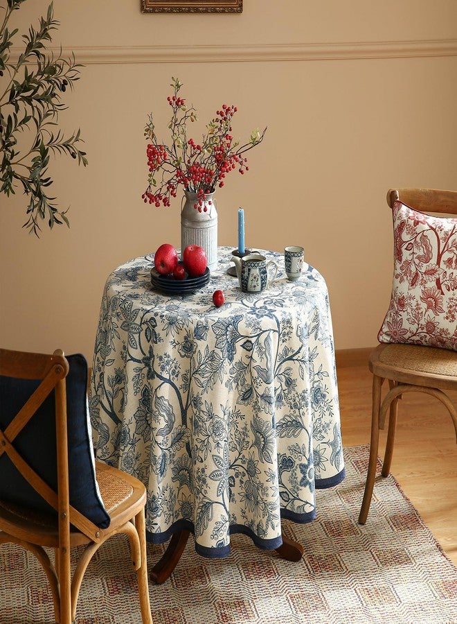 ISAENNE Designer French Linen Small Round Tablecloth,Blue Floral Washable Indoor Table Cloth,Durable Home Decor Tablecloths for Dining Thanksgiving Kitchen Party Christmas,Diameter 55"-Ruyi B - Image 4