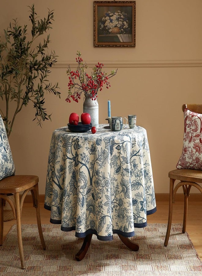 ISAENNE Designer French Linen Small Round Tablecloth,Blue Floral Washable Indoor Table Cloth,Durable Home Decor Tablecloths for Dining Thanksgiving Kitchen Party Christmas,Diameter 55"-Ruyi B - Image 2
