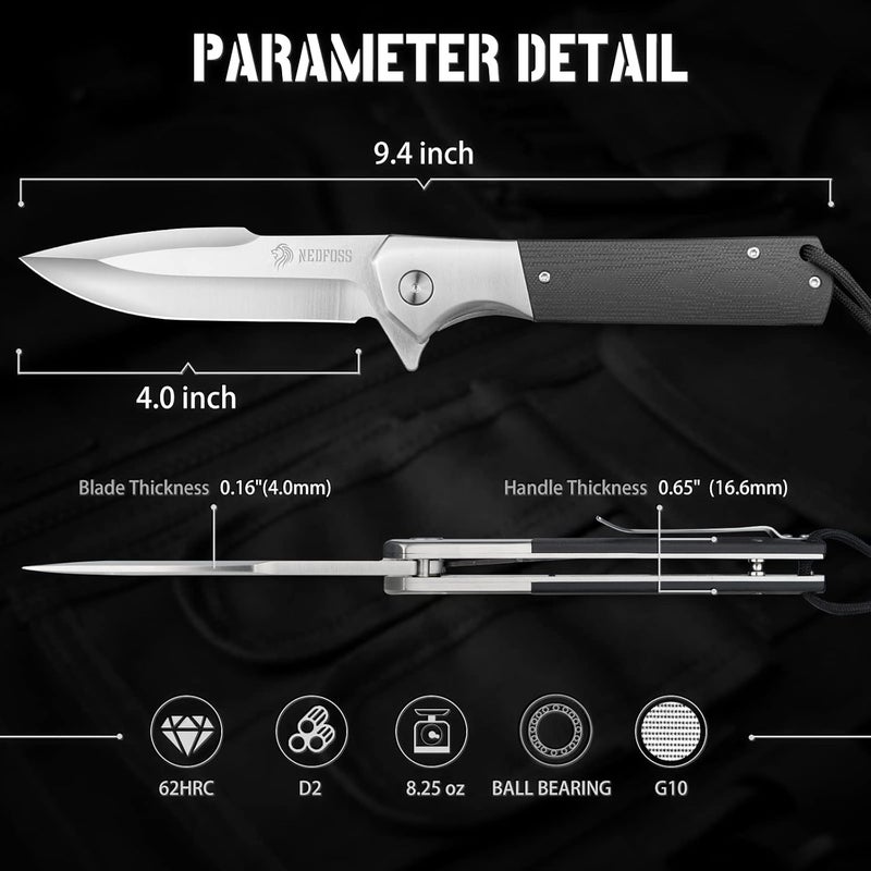 NedFoss BEAST Pocket Knife for Men, 4 inch D2 Steel Blade Folding Knife with Clip, G10 Handle, Safety Liner Lock, Heavy Duty Tactical Knife for Hiking Camping Gifts for Men Women - Image 5