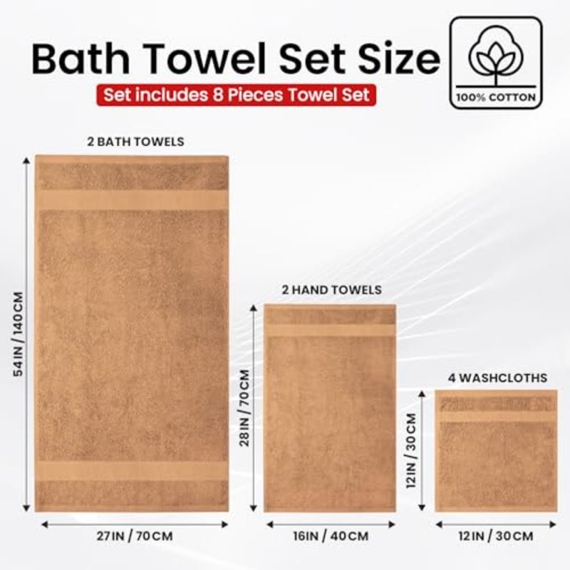 Premium Bath Towels Set - [Pack of 8] 100% Cotton Highly Absorbent 2 Bath Towels, 2 Hand Towels and 4 Washcloths - Hotel and Spa Quality for Bathroom (2 Bath Towels, 2 Hand Towels, 4 Washcloths) Soft and Absorbent Towels for Bathroom - Gym, Shower, Spa and Hotel Use - Image 4