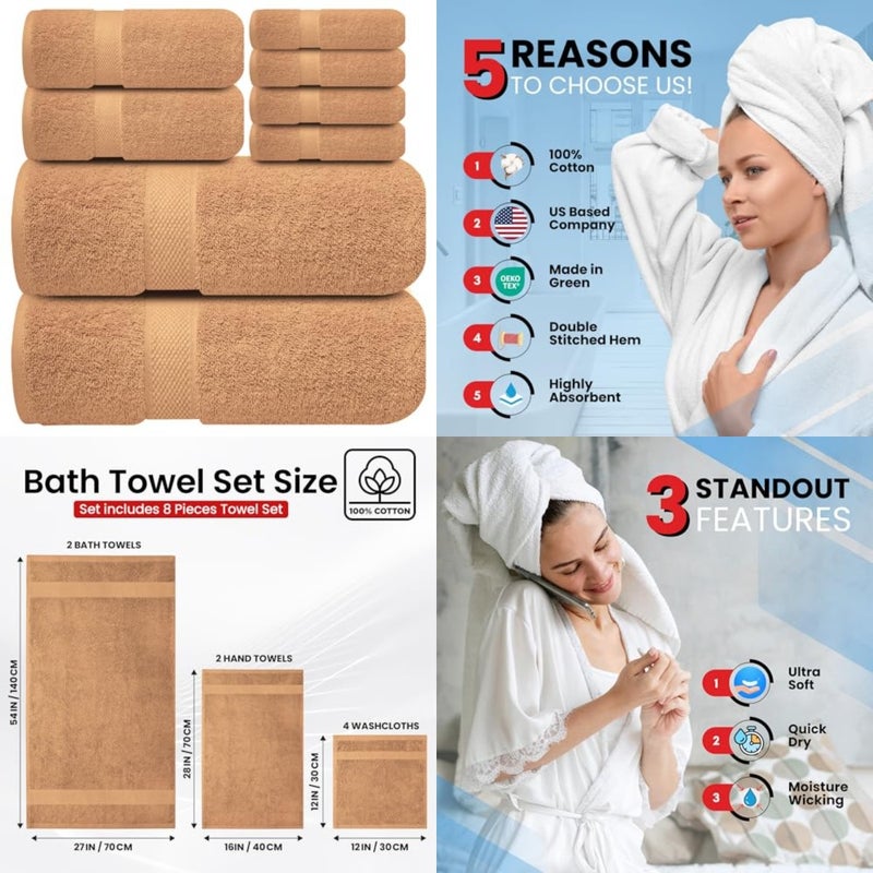 Premium Bath Towels Set - [Pack of 8] 100% Cotton Highly Absorbent 2 Bath Towels, 2 Hand Towels and 4 Washcloths - Hotel and Spa Quality for Bathroom (2 Bath Towels, 2 Hand Towels, 4 Washcloths) Soft and Absorbent Towels for Bathroom - Gym, Shower, Spa and Hotel Use - Image 1