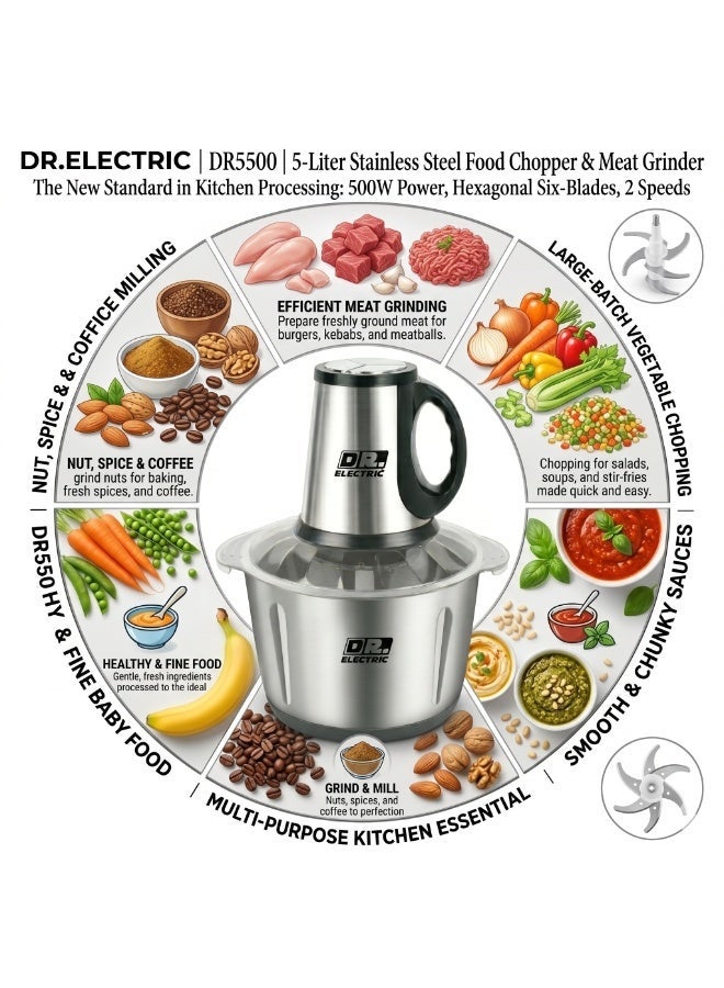 DR.ELECTRIC Meat and Vegetable Chopper, 5 Liter, 500 Watts, Stainless Steel, DR5500, Hex Blades, 2 Speed - Image 5