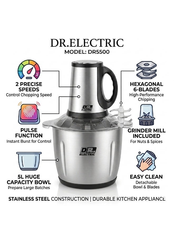 DR.ELECTRIC Meat and Vegetable Chopper, 5 Liter, 500 Watts, Stainless Steel, DR5500, Hex Blades, 2 Speed - Image 2