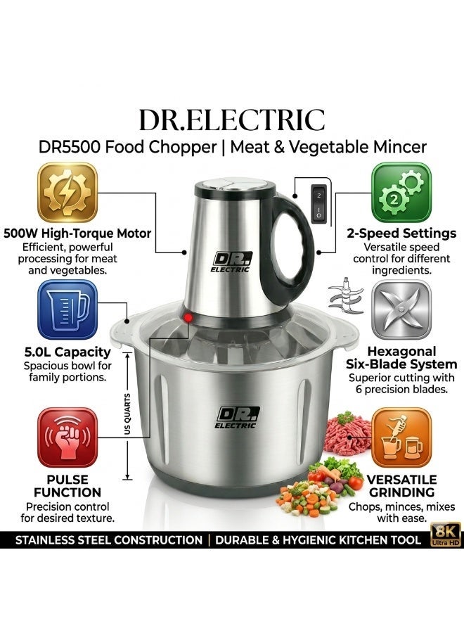 DR.ELECTRIC Meat and Vegetable Chopper, 5 Liter, 500 Watts, Stainless Steel, DR5500, Hex Blades, 2 Speed - Image 3