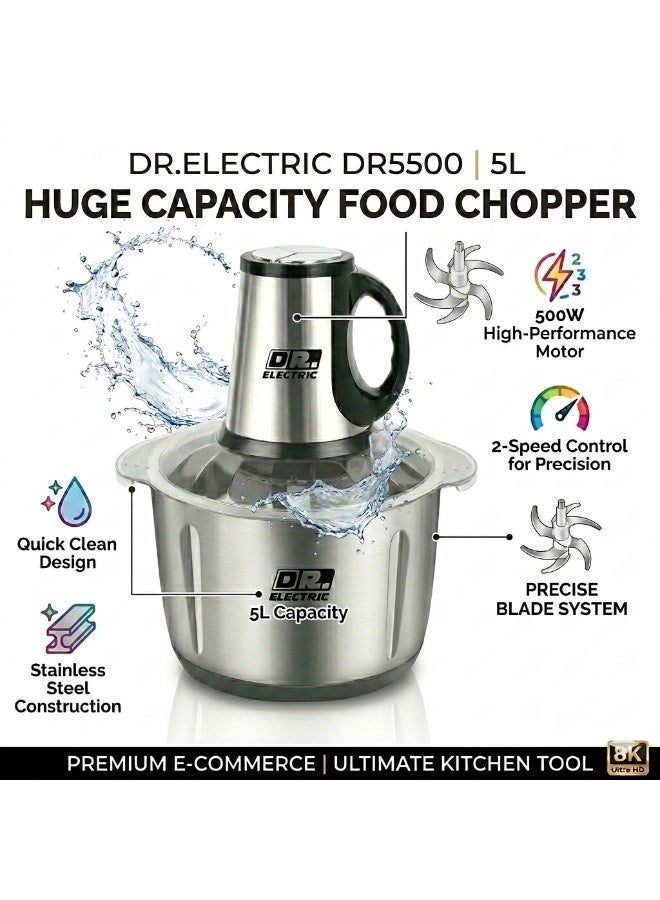 DR.ELECTRIC Meat and Vegetable Chopper, 5 Liter, 500 Watts, Stainless Steel, DR5500, Hex Blades, 2 Speed - Image 4