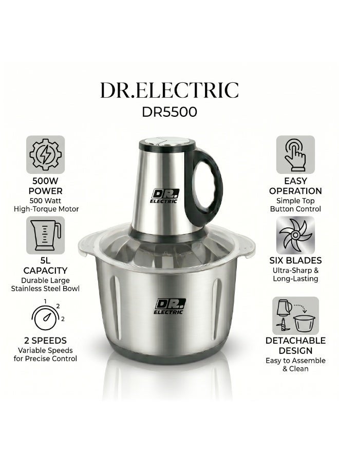 DR.ELECTRIC Meat and Vegetable Chopper, 5 Liter, 500 Watts, Stainless Steel, DR5500, Hex Blades, 2 Speed - Image 1