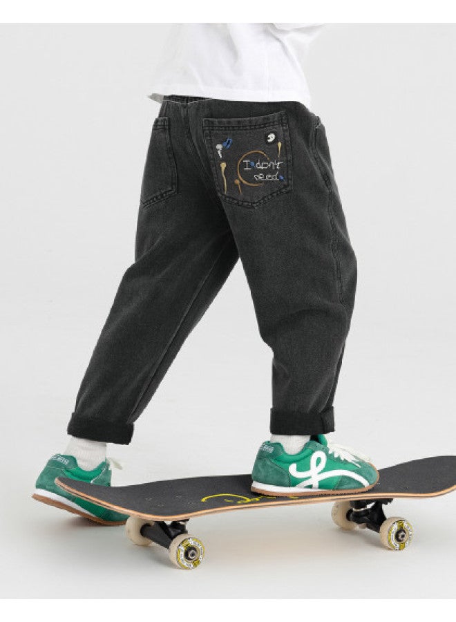 Fun Embroidery】boys' Jeans, Children's Trendy Korean-style Pants, 2025 Spring/autumn Collection, Mid-to-large Kids Casual Trousers - Image 1