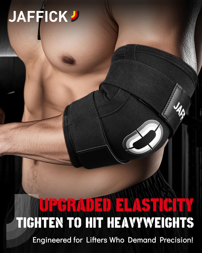 Jaffick Weightlifting Elbow Brace(1 Pair) - Elbow Sleeve with Dual Adjustable Compression Straps for Bench Press, Powerlifting, Pressing, Men & Women (Black, L) - Image 3