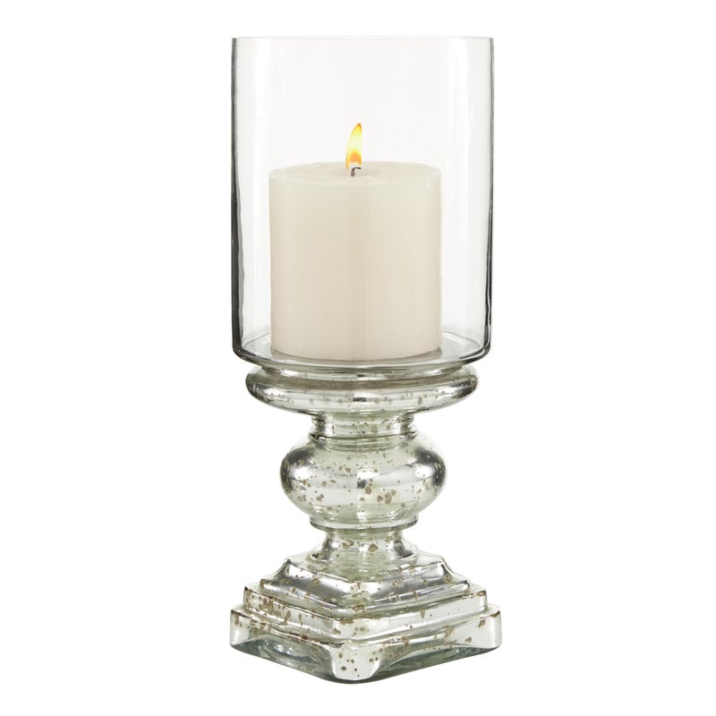 Deco 79 Glass Handmade Turned Style Pillar Hurricane Lamp with Faux Mercury Glass Finish, 6" x 6" x 16", Silver - Image 1