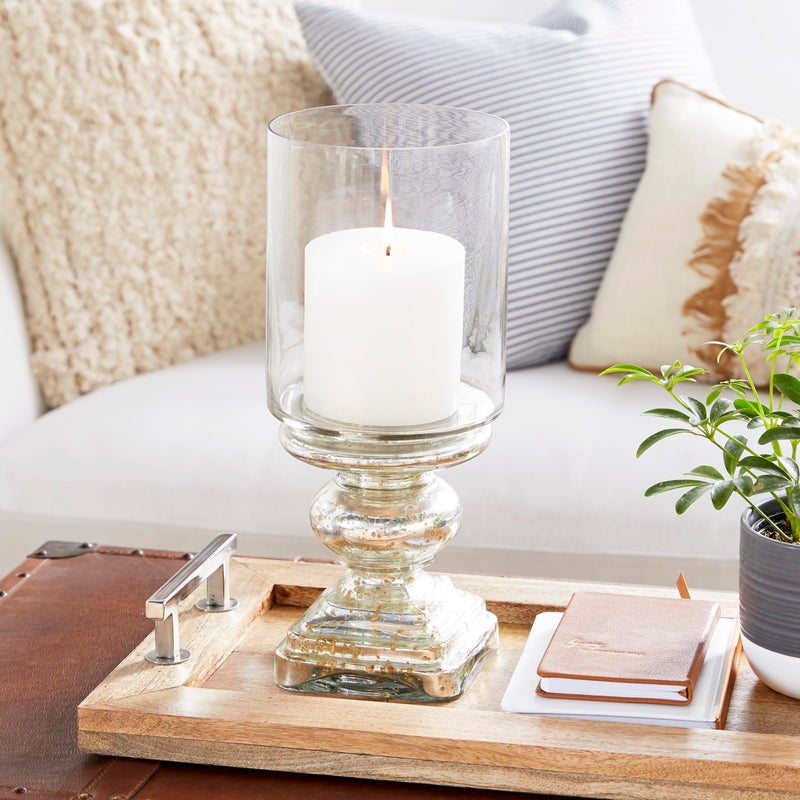 Deco 79 Glass Handmade Turned Style Pillar Hurricane Lamp with Faux Mercury Glass Finish, 6" x 6" x 16", Silver - Image 5