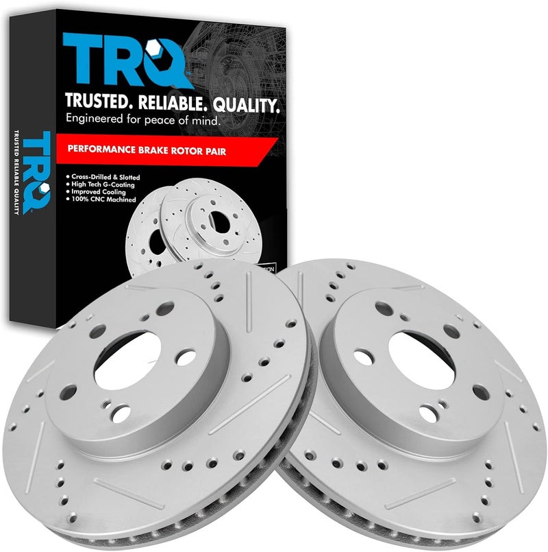 TRQ Front Brake Rotor Set G Coated Drilled and Slotted Vented Compatible with 2011-2017 Lexus CT200h 2010-2015 Toyota Prius 2012-2015 Prius Plug-In - Image 1