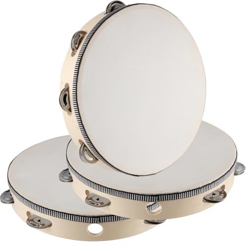 SINJEUN 3 Pack 10 Inch Tambourine for Adults Wooden Tambourine, Hand Held Drum Bell Birch Metal Jingles Percussion, Single Row Instrument Wood Tambourine Musical Instrument for Church, KTV, Party - Image 1