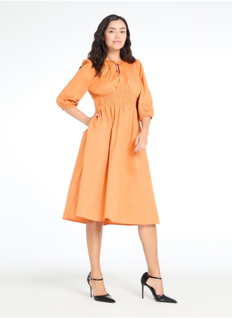 The Label Life Caramel Smocked Midi Dress  - Image 3