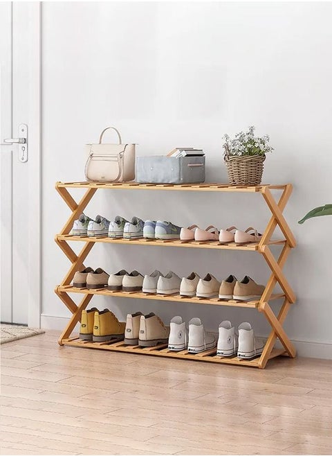 4-Tier Folding Bamboo Shoe Rack Beige 100x25x68cm