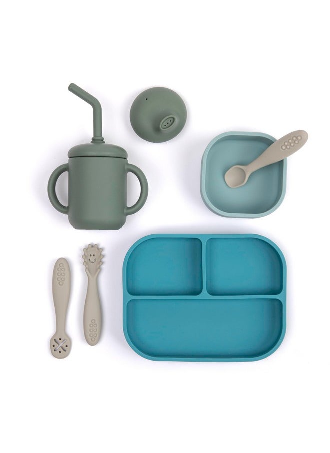 Bella Tunno Little Bites Bundle - Baby Feeding Set And Baby Led Weaning Supplies With 1 Baby Bowl, 1 Baby Plate, 3 Baby Utensils, 1 Cup, 2 Lids, 100% Food-Grade Silicone (Underwater World)  - Image 1