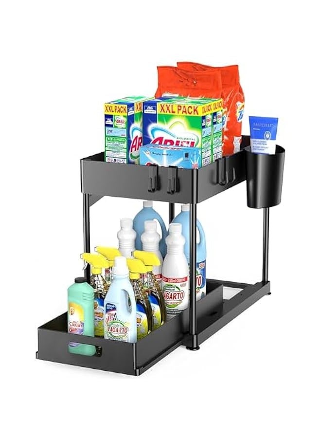 بيوينتي منظم تحت الحوض من هوميبيز، منظم خزانة الحمام من طبقتين مع سلة منزلقة، منظمات متعددة الاغراض تحت الحوض والتخزين للمطبخ والحمام (اسود، عبوة من قطعة واحدة) - Image 1