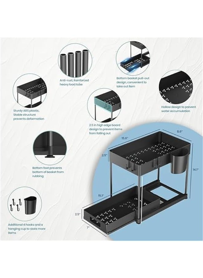 بيوينتي منظم تحت الحوض من هوميبيز، منظم خزانة الحمام من طبقتين مع سلة منزلقة، منظمات متعددة الاغراض تحت الحوض والتخزين للمطبخ والحمام (اسود، عبوة من قطعة واحدة) - Image 3