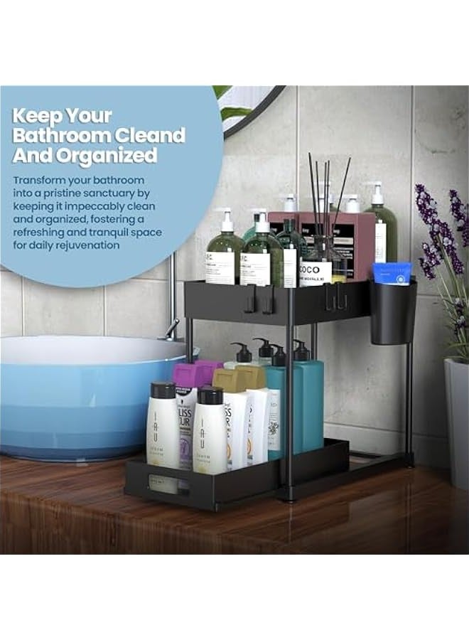 بيوينتي منظم تحت الحوض من هوميبيز، منظم خزانة الحمام من طبقتين مع سلة منزلقة، منظمات متعددة الاغراض تحت الحوض والتخزين للمطبخ والحمام (اسود، عبوة من قطعة واحدة) - Image 4