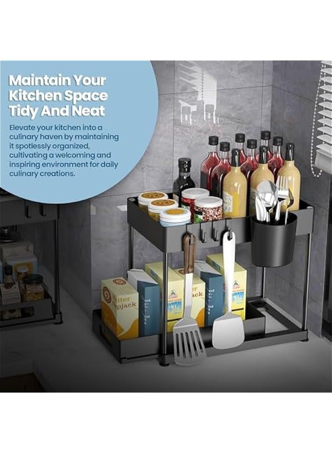 بيوينتي منظم تحت الحوض من هوميبيز، منظم خزانة الحمام من طبقتين مع سلة منزلقة، منظمات متعددة الاغراض تحت الحوض والتخزين للمطبخ والحمام (اسود، عبوة من قطعة واحدة) - Image 5
