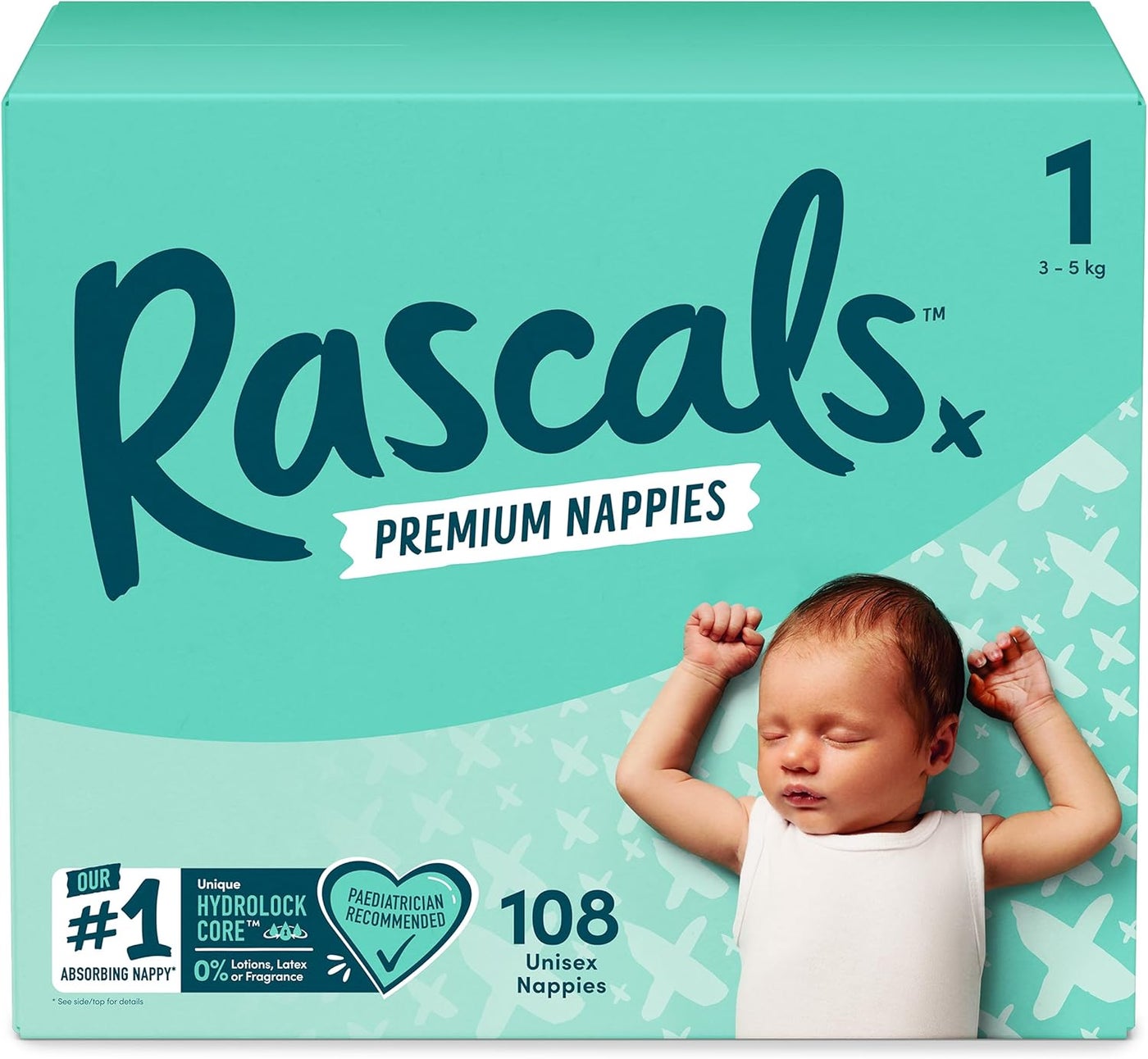 Rascals Premium Baby Diapers Size 1 - Comfortable & Leak-Proof Diapers for Babies 3-5 kg - Jumbo Box of 108 Count