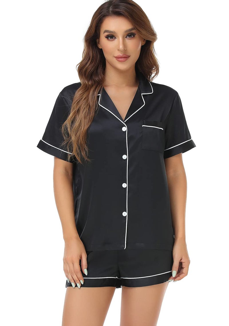 Serenedelicacy Women's Satin Pajama Set 2-Piece Sleepwear Loungewear Button Down Short Sleeve Silky PJ Set (Medium, Black) - Image 1