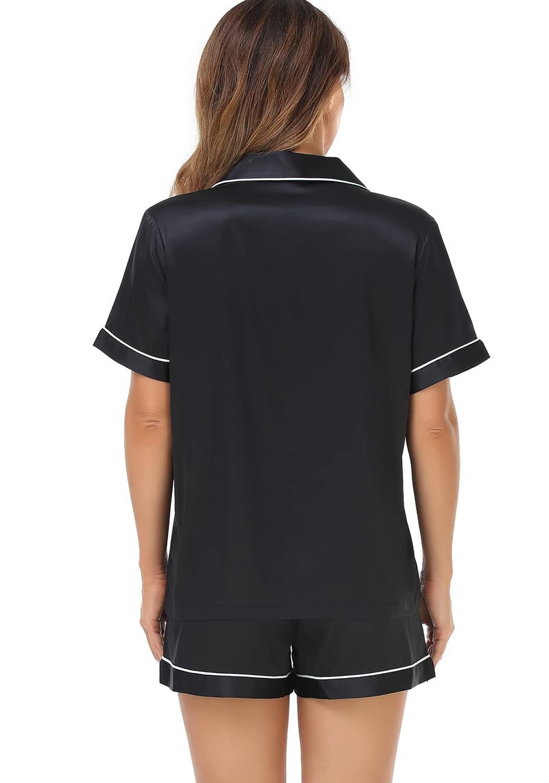 Serenedelicacy Women's Satin Pajama Set 2-Piece Sleepwear Loungewear Button Down Short Sleeve Silky PJ Set (Medium, Black) - Image 2