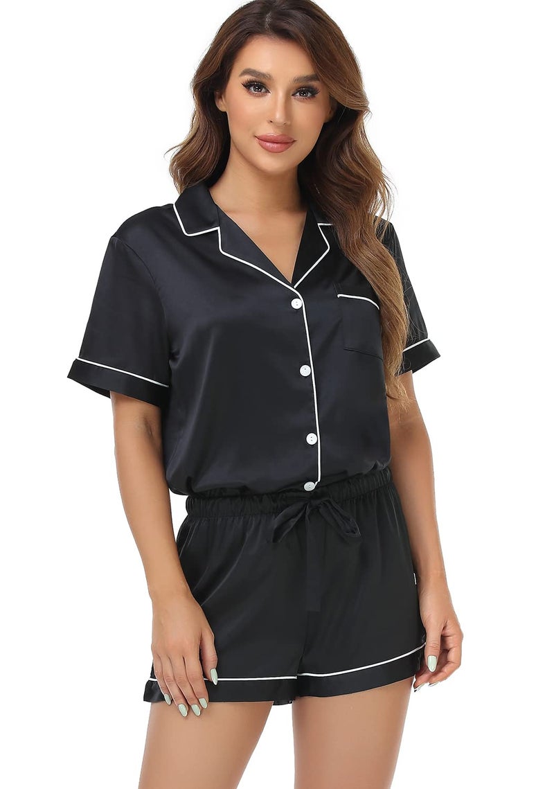 Serenedelicacy Women's Satin Pajama Set 2-Piece Sleepwear Loungewear Button Down Short Sleeve Silky PJ Set (Medium, Black) - Image 5