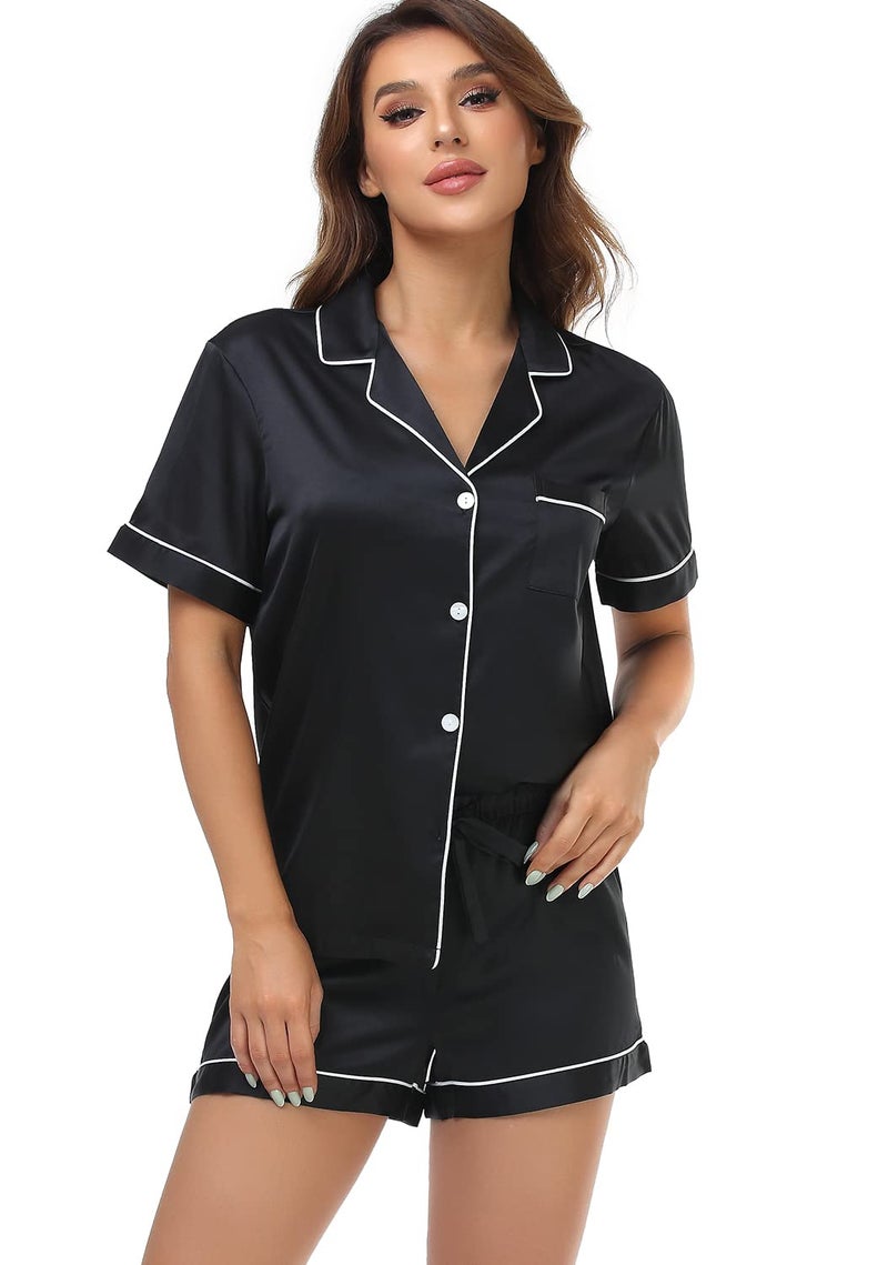 Serenedelicacy Women's Satin Pajama Set 2-Piece Sleepwear Loungewear Button Down Short Sleeve Silky PJ Set (Medium, Black) - Image 3