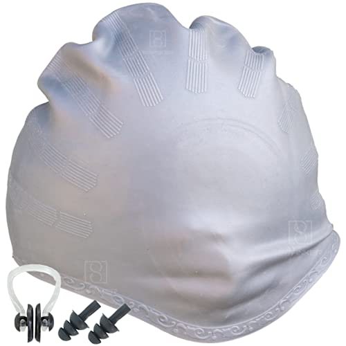 Spanker Unisex Swim Cap with 3D Ear Protection, Durable Flexible Silicone Swimming Hat for Short/Long Hair with Ear Plugs&Nose Clip, Grey SSTP - Image 1