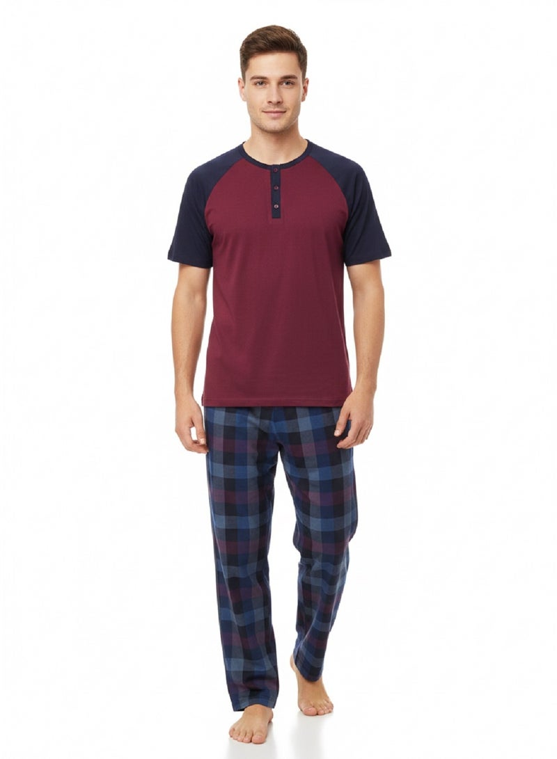 Jet Men's Summer Pajama Set With Half Sleeves, A Round Neckline, And Checkered Pants
