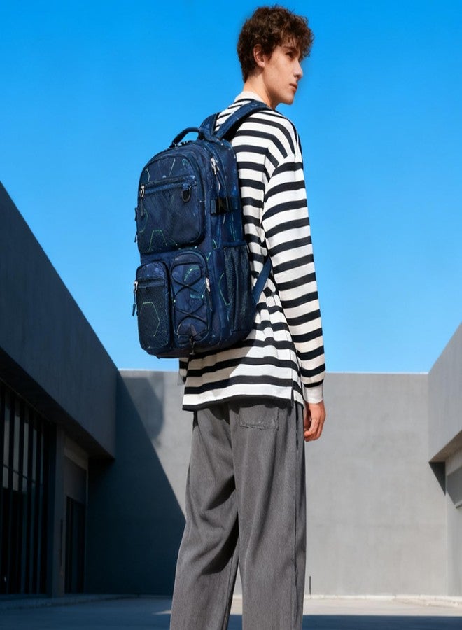 Lohol Multi-Pocket Backpack for Travel College, Heavy Duty Big Bookbag with 15.6 inch Laptop Compartment (Navy Geometry - Image 2