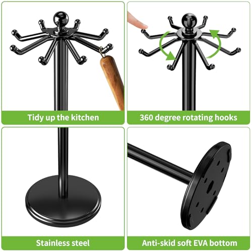 MAYZOLOP Kitchen Countertop Utensil Holder, Stainless Steel Rotatable Cooking Utensils Holder with 8 Rotating Hooks, Hanging Organizer for Spoon, Spatula, Black - Image 3