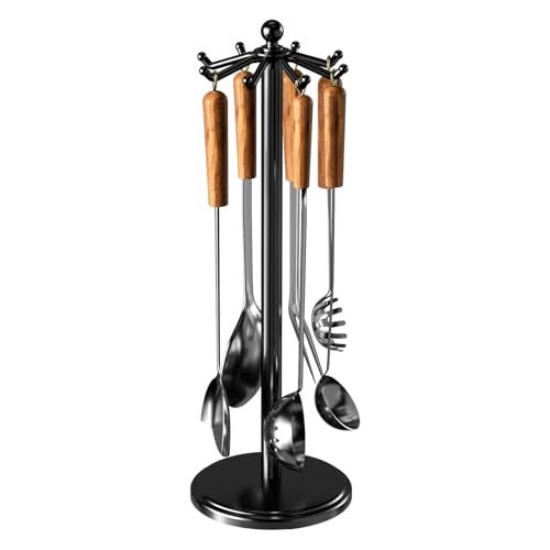 MAYZOLOP Kitchen Countertop Utensil Holder, Stainless Steel Rotatable Cooking Utensils Holder with 8 Rotating Hooks, Hanging Organizer for Spoon, Spatula, Black - Image 1