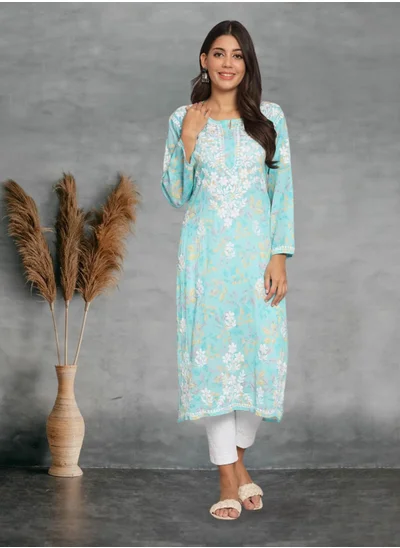 Alaya Hand Embroidered Chikan Printed Mulmul Straight Kurta-AL3680