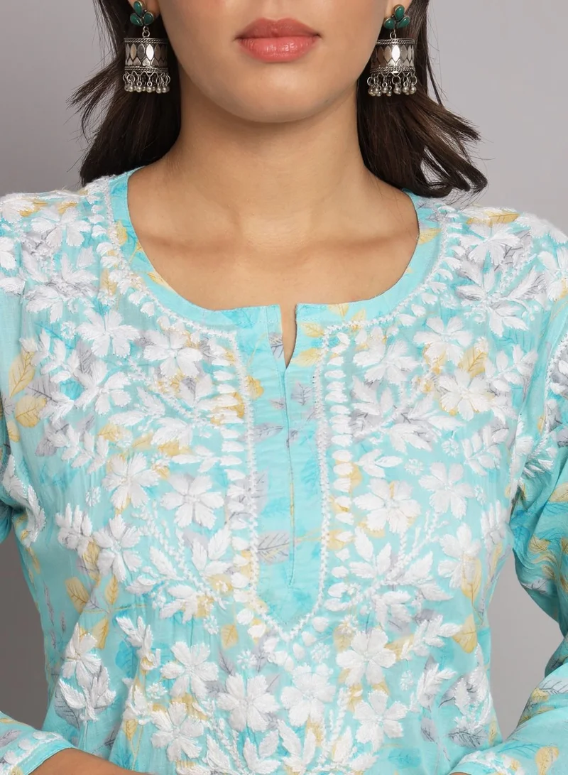Alaya Hand Embroidered Chikan Printed Mulmul Straight Kurta-AL3680