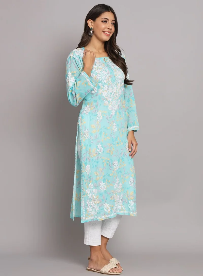 Alaya Hand Embroidered Chikan Printed Mulmul Straight Kurta-AL3680
