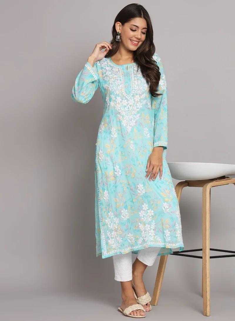 Alaya Hand Embroidered Chikan Printed Mulmul Straight Kurta-AL3680