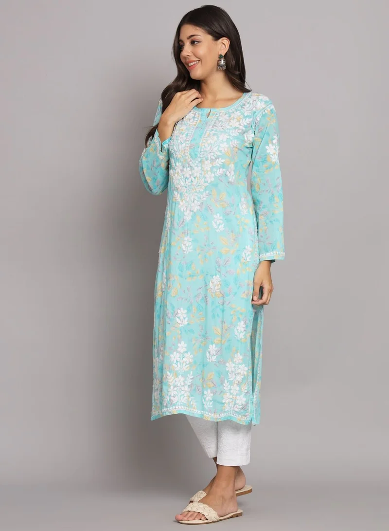 Alaya Hand Embroidered Chikan Printed Mulmul Straight Kurta-AL3680